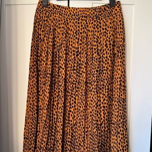 J.Crew Orange and Navy Blue Animal Print Pleated A-Line Midi Skirt